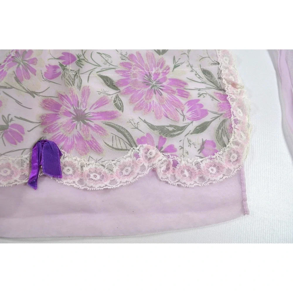 Vintage MCM 60s Half‎ Apron Sheer Purple Floral Pockets Waist Band 17
